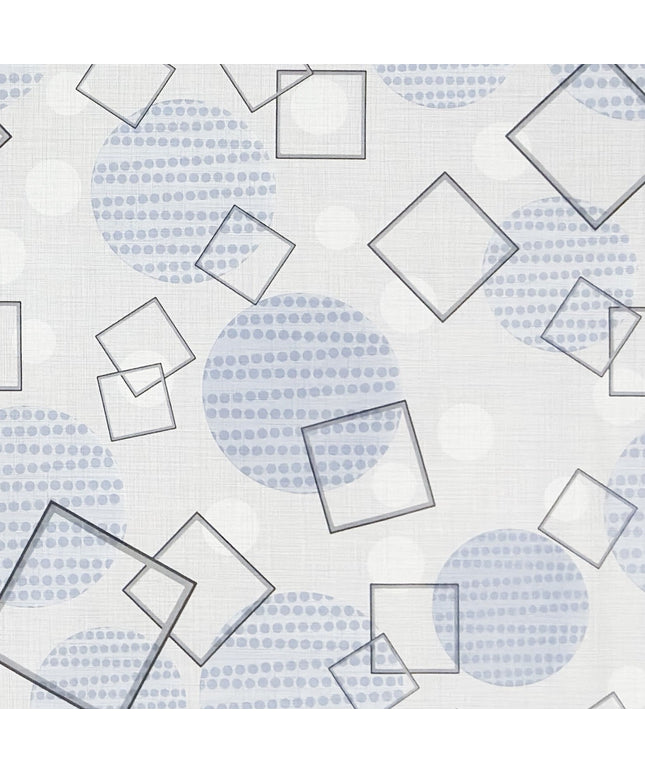 Wachstuch-Tischdecke mit modernem geometrischem Muster in Grau und Hellblau. Transparente Quadrate und Rechtecke überlagern sich auf hellem Hintergrund, ergänzt durch Kreise und feine Punktstrukturen. Das zeitgemäße Design wirkt dezent, elegant und harmonisch.