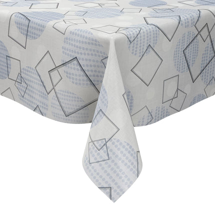 Wachstuch-Tischdecke mit modernem geometrischem Muster in Grau und Hellblau. Transparente Quadrate und Rechtecke überlagern sich auf hellem Hintergrund, ergänzt durch Kreise und feine Punktstrukturen. Das zeitgemäße Design wirkt dezent, elegant und harmonisch.