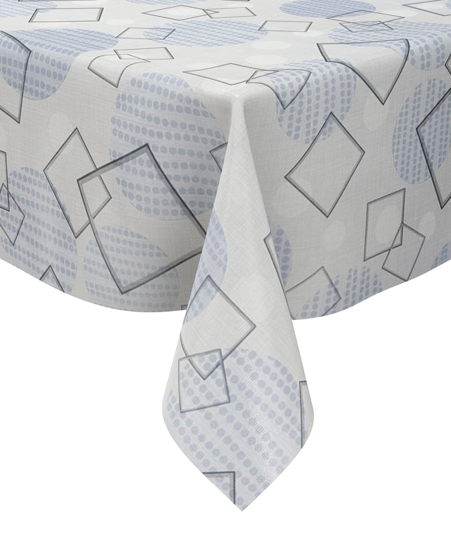 Wachstuch-Tischdecke mit modernem geometrischem Muster in Grau und Hellblau. Transparente Quadrate und Rechtecke überlagern sich auf hellem Hintergrund, ergänzt durch Kreise und feine Punktstrukturen. Das zeitgemäße Design wirkt dezent, elegant und harmonisch.