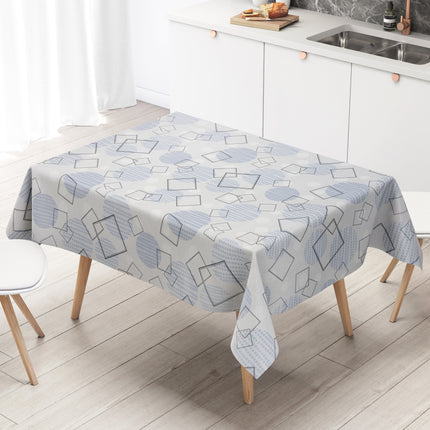 Wachstuch-Tischdecke mit modernem geometrischem Muster in Grau und Hellblau. Transparente Quadrate und Rechtecke überlagern sich auf hellem Hintergrund, ergänzt durch Kreise und feine Punktstrukturen. Das zeitgemäße Design wirkt dezent, elegant und harmonisch.