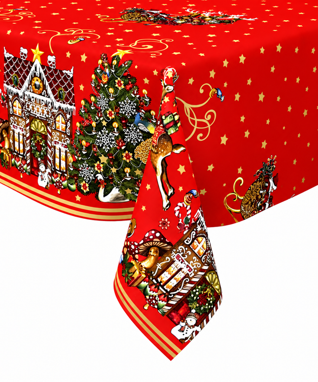 Wachstuch Tischdecke Weihnachten K23B rot Bordürenmuster Weihnachtsmann - Größe, Form und Einfassung frei wählbar
