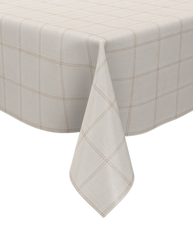 Rechteckige Wachstuch-Tischdecke in heller Leinenoptik mit feinem beigefarbenem Karomuster auf cremeweißem Hintergrund. Das dezente, gleichmäßige Rasterdesign verleiht der Tischdecke eine elegante und zeitlose Ausstrahlung.