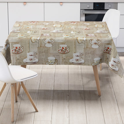 Wachstuch Tischdecke Sammeltassen Zeitungen