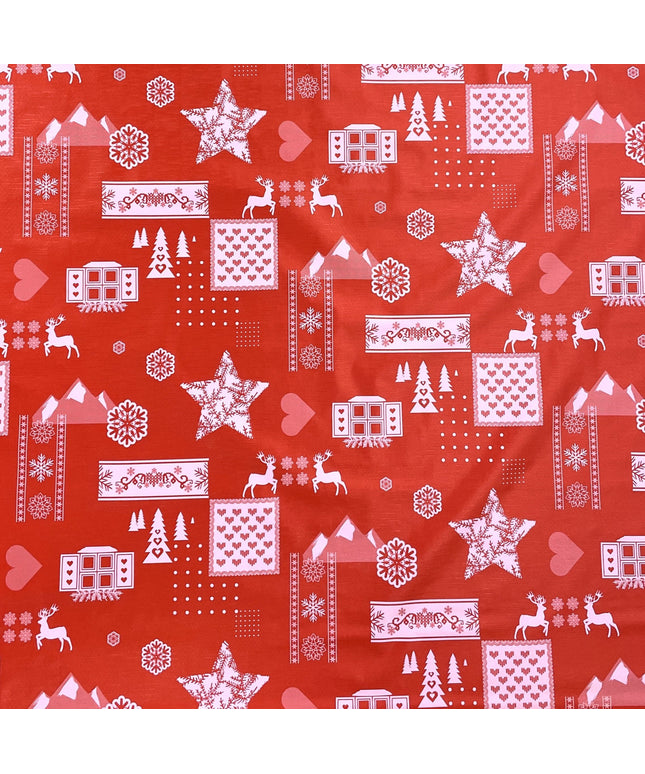 Wachstuch Tischdecke geprägt Weihnachten KE34210 Rentier Schneeflocken rot - Größe, Form und Einfassung frei wählbar