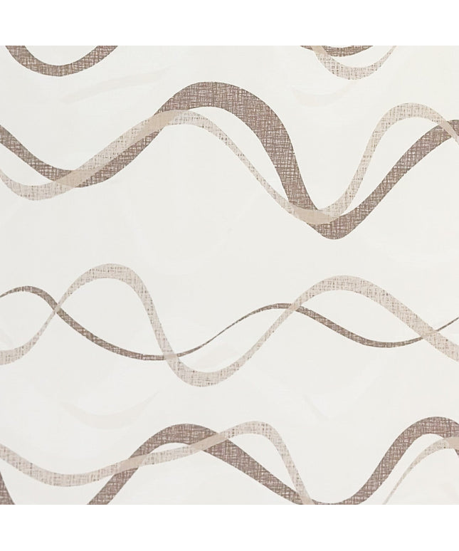 Wachstuch-Tischdecke mit modernem Wellenmuster in Beige, Taupe und Sand auf hellem Hintergrund. Geschwungene Linien in feiner Leinenoptik verleihen dem Design eine elegante, ruhige und zeitlose Ausstrahlung im modernen Wohnstil.