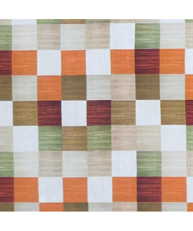 Jacquard-Tischdecke aus beschichteter Baumwolle mit regelmäßigem Karomuster in Beige, Braun, Grün, Rot und Orange, fleckenabweisend.