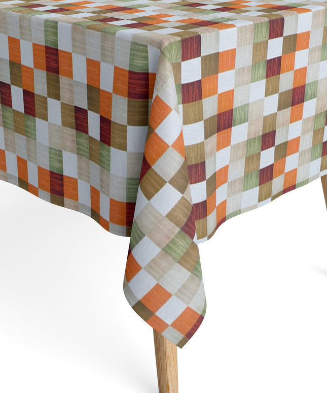 Jacquard-Tischdecke aus beschichteter Baumwolle mit regelmäßigem Karomuster in Beige, Braun, Grün, Rot und Orange, fleckenabweisend.