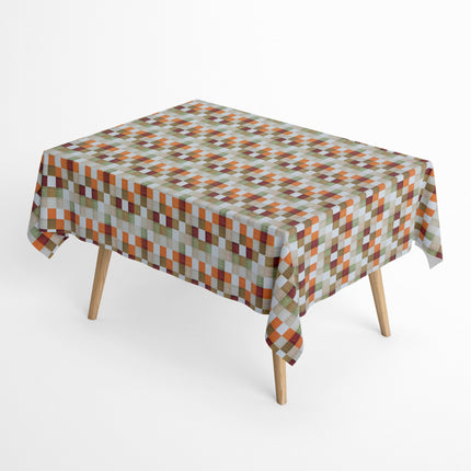Jacquard-Tischdecke aus beschichteter Baumwolle mit regelmäßigem Karomuster in Beige, Braun, Grün, Rot und Orange, fleckenabweisend.