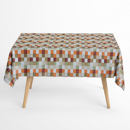 Jacquard-Tischdecke aus beschichteter Baumwolle mit regelmäßigem Karomuster in Beige, Braun, Grün, Rot und Orange, fleckenabweisend.