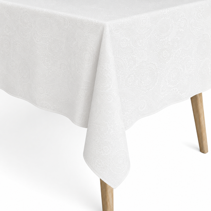 Jacquard Tischdecke aus beschichteter Baumwolle mit Fleckenschutz KLIMT weiß BOHO Blüten - Größe, Form und Einfassung frei wählbar