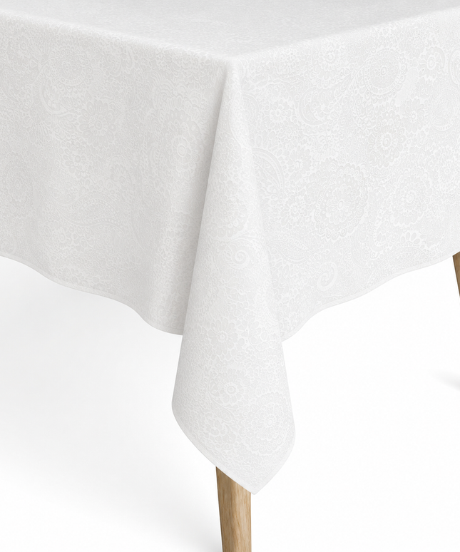 Jacquard Tischdecke aus beschichteter Baumwolle mit Fleckenschutz KLIMT weiß BOHO Blüten - Größe, Form und Einfassung frei wählbar