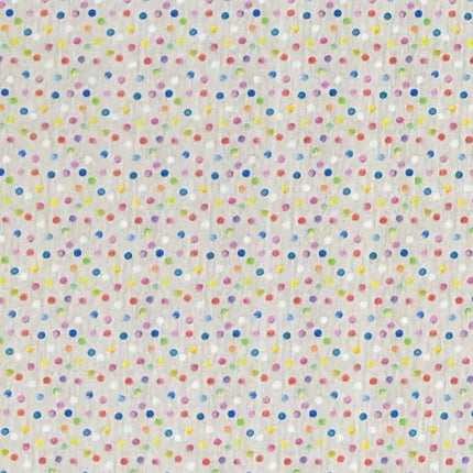 Jacquard-Tischdecke aus beschichteter Baumwolle mit hellem Grund und feinem, buntem Punktmuster in Blau, Rosa, Rot, Gelb, Grün, Orange und Violett.