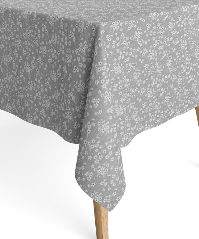 Jacquard-Tischdecke aus beschichteter Baumwolle in Grau mit feinem weißen Streublümchenmuster, fleckenabweisend.