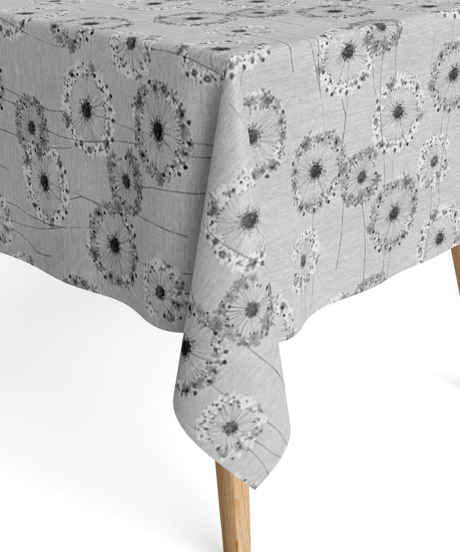 Jacquard-Tischdecke mit filigranem Blumenmotiv aus stilisierten, fein gezeichneten Blüten in Grau- und Weißtönen. Beschichtete Baumwolle mit praktischem Fleckenschutz.