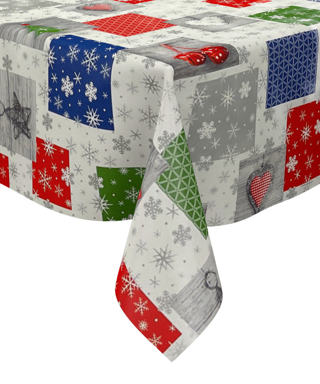 Wachstuch Tischdecke Weihnachten P1033-1 rot blau grün Schneeflocken - Größe, Form und Einfassung frei wählbar