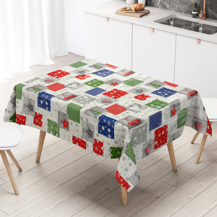 Wachstuch Tischdecke Weihnachten P1033-1 rot blau grün Schneeflocken - Größe, Form und Einfassung frei wählbar