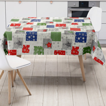 Wachstuch Tischdecke Weihnachten P1033-1 rot blau grün Schneeflocken - Größe, Form und Einfassung frei wählbar
