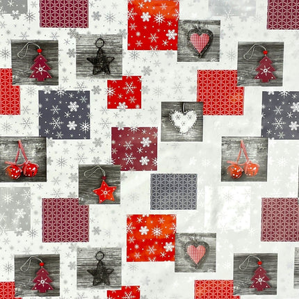 Wachstuch Tischdecke Weihnachten P1033-3 rot grau silber Schneeflocken - Größe, Form und Einfassung frei wählbar
