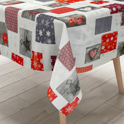 Wachstuch Tischdecke Weihnachten P1033-3 rot grau silber Schneeflocken - Größe, Form und Einfassung frei wählbar