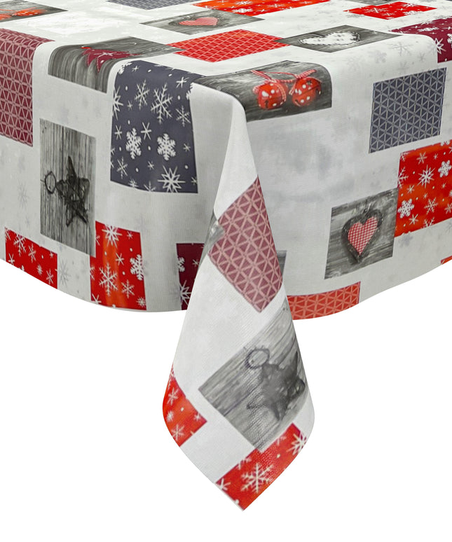 Wachstuch Tischdecke Weihnachten P1033-3 rot grau silber Schneeflocken - Größe, Form und Einfassung frei wählbar