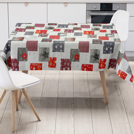 Wachstuch Tischdecke Weihnachten P1033-3 rot grau silber Schneeflocken - Größe, Form und Einfassung frei wählbar