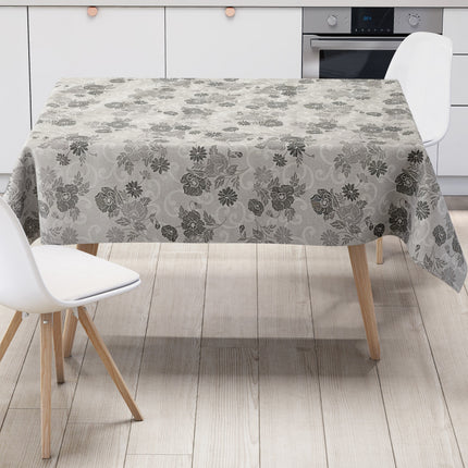 Wachstuch Tischdecke 160 cm Breite Übergröße geprägt P1053-1 Leinenoptik grau Blumen floral eckig rund oval