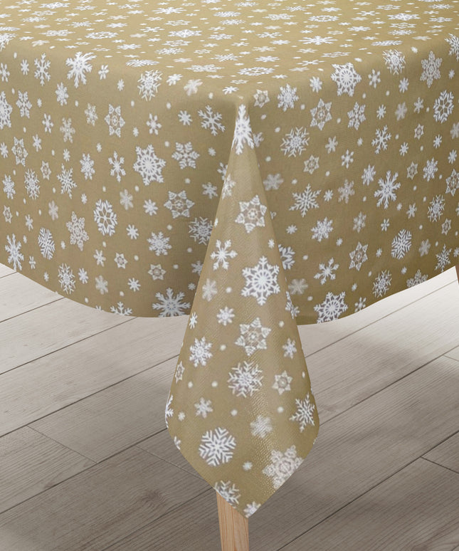 Wachstuch Tischdecke geprägt Weihnachten P1096-1 Schneeflocken auf gold - Größe, Form und Einfassung frei wählbar