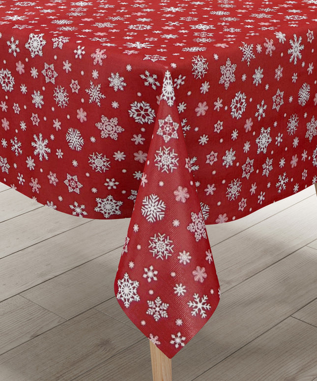 Wachstuch Tischdecke geprägt Weihnachten P1096-3 Schneeflocken auf rot - Größe, Form und Einfassung frei wählbar