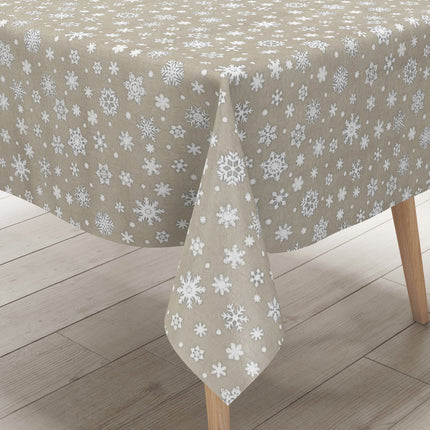Wachstuch Tischdecke geprägt Weihnachten P1096-5 Schneeflocken auf beige - Größe, Form und Einfassung frei wählbar