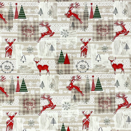 Wachstuch Tischdecke Weihnachten P1152-1 Rentier kariert beige braun - Größe, Form und Einfassung frei wählbar