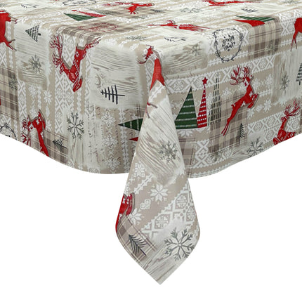 Wachstuch Tischdecke Weihnachten P1152-1 Rentier kariert beige braun - Größe, Form und Einfassung frei wählbar