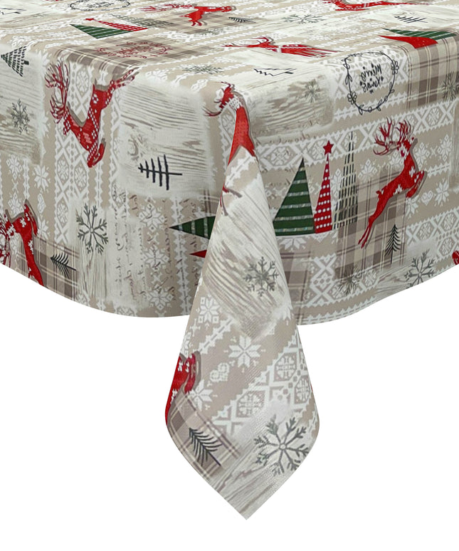 Wachstuch Tischdecke Weihnachten P1152-1 Rentier kariert beige braun - Größe, Form und Einfassung frei wählbar