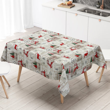 Wachstuch Tischdecke Weihnachten P1152-1 Rentier kariert beige braun - Größe, Form und Einfassung frei wählbar