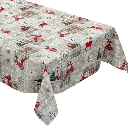 Wachstuch Tischdecke Weihnachten P1152-1 Rentier kariert beige braun - Größe, Form und Einfassung frei wählbar