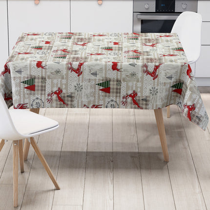 Wachstuch Tischdecke Weihnachten P1152-1 Rentier kariert beige braun - Größe, Form und Einfassung frei wählbar