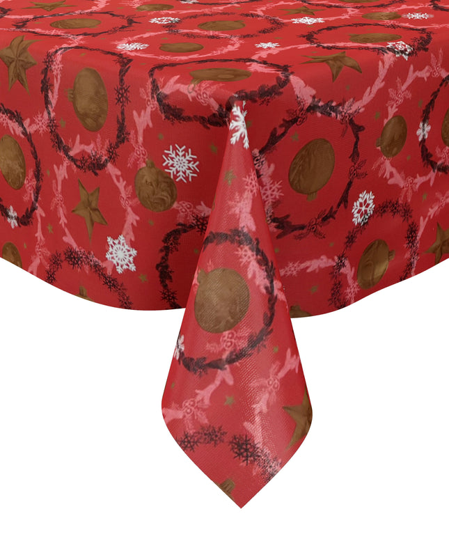 Wachstuch Tischdecke P1265-1 rot Weihnachten Advent Weihnachtskugeln Schneeflocken - Größe, Form und Einfassung frei wählbar