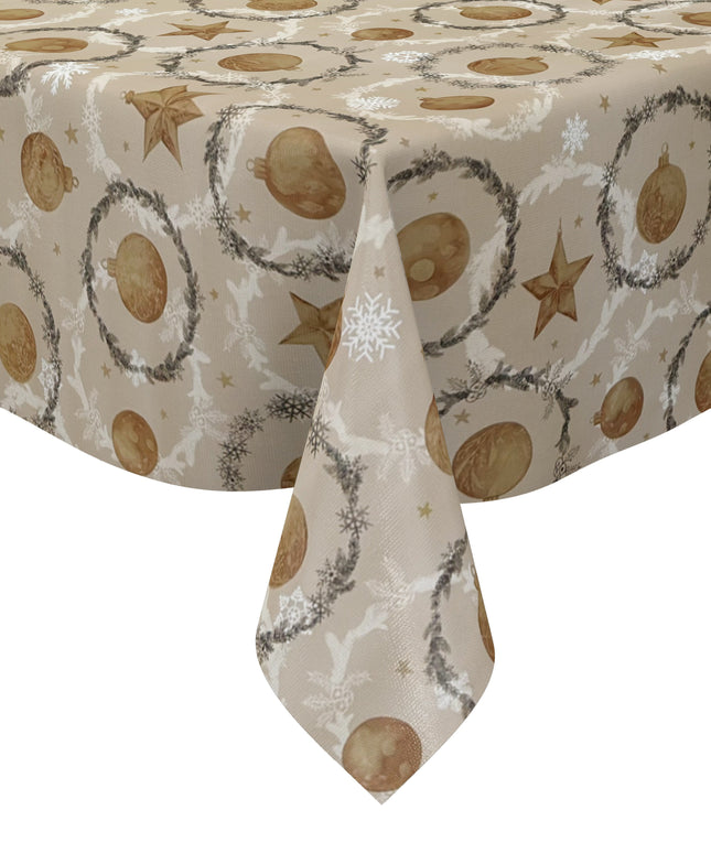 Wachstuch Tischdecke P1265-2 taupe Weihnachten Advent Weihnachtskugeln Schneeflocken - Größe, Form und Einfassung frei wählbar
