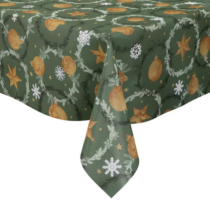 Wachstuch Tischdecke P1265-3 tannengrün Weihnachten Advent Weihnachtskugeln Schneeflocken - Größe, Form und Einfassung frei wählbar