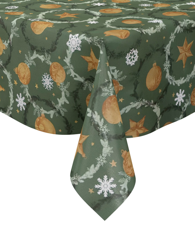 Wachstuch Tischdecke P1265-3 tannengrün Weihnachten Advent Weihnachtskugeln Schneeflocken - Größe, Form und Einfassung frei wählbar