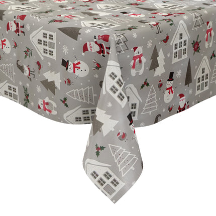 Wachstuch Tischdecke P1266-1 grau Weihnachten Weihnachtsmann Schneemann - Größe, Form und Einfassung frei wählbar