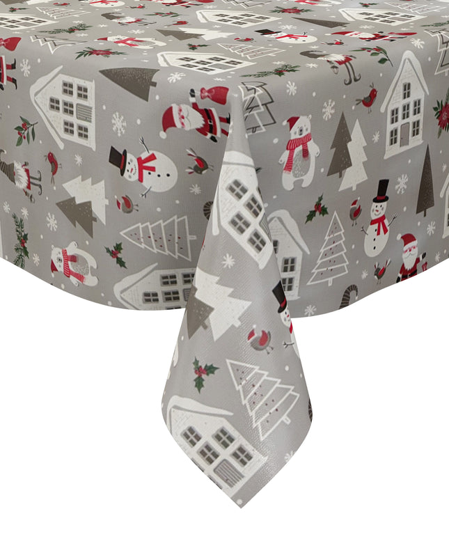 Wachstuch Tischdecke P1266-1 grau Weihnachten Weihnachtsmann Schneemann - Größe, Form und Einfassung frei wählbar