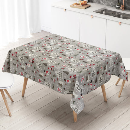 Wachstuch Tischdecke hellgrau mit Schneemann und Weihanchtsmann