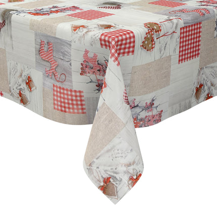Wachstuch Tischdecke P8012-1 Winter Patchwork Rentier Holz Herzen - Größe, Form und Einfassung frei wählbar