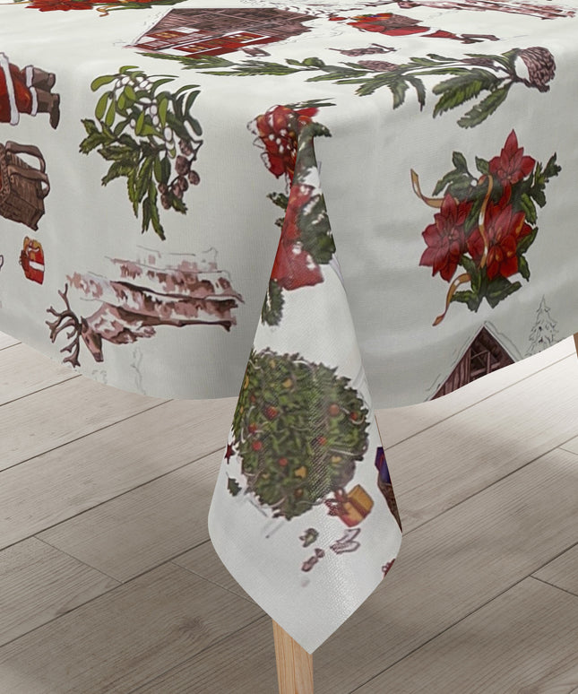 Wachstuch Tischdecke Weihnachten P984-1 Weihnachtsmann auf weiß - Größe, Form und Einfassung frei wählbar