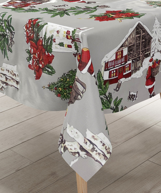 Wachstuch Tischdecke Weihnachten P984-2 Weihnachtsmann auf grau - Größe, Form und Einfassung frei wählbar