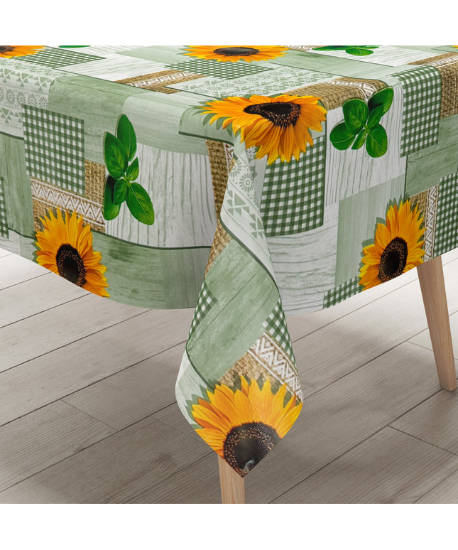 Wachstuch Tischdecke Sonnenblumen grün Holz