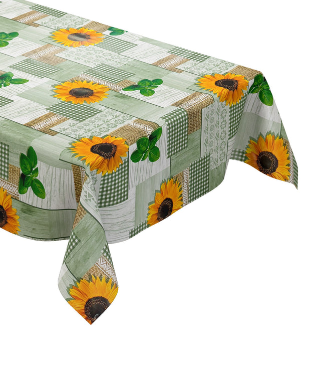 Wachstuch Tischdecke Sonnenblumen grün Holz