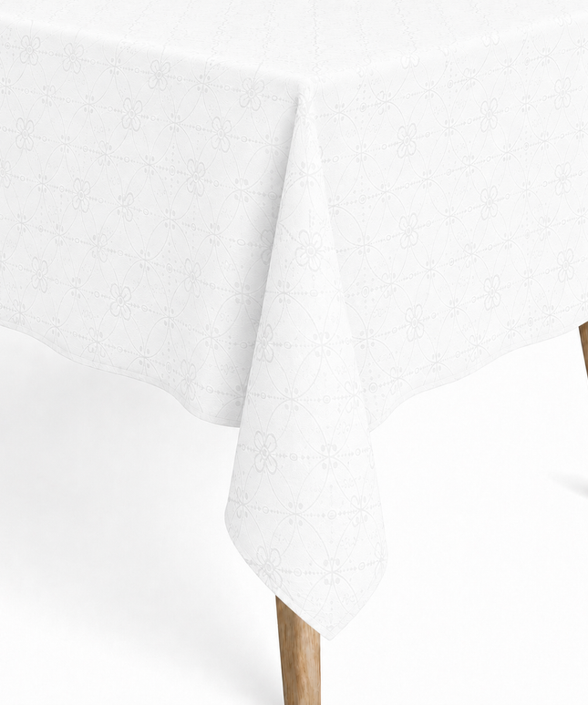 Jacquard Tischdecke aus beschichteter Baumwolle mit Fleckenschutz RIVERA weiß floral Blumen - Größe, Form und Einfassung frei wählbar