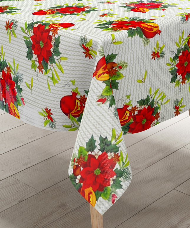 Wachstuch Tischdecke Weihnachten P673-1 Weihnachtsstern Granatapfel - Größe, Form und Einfassung frei wählbar